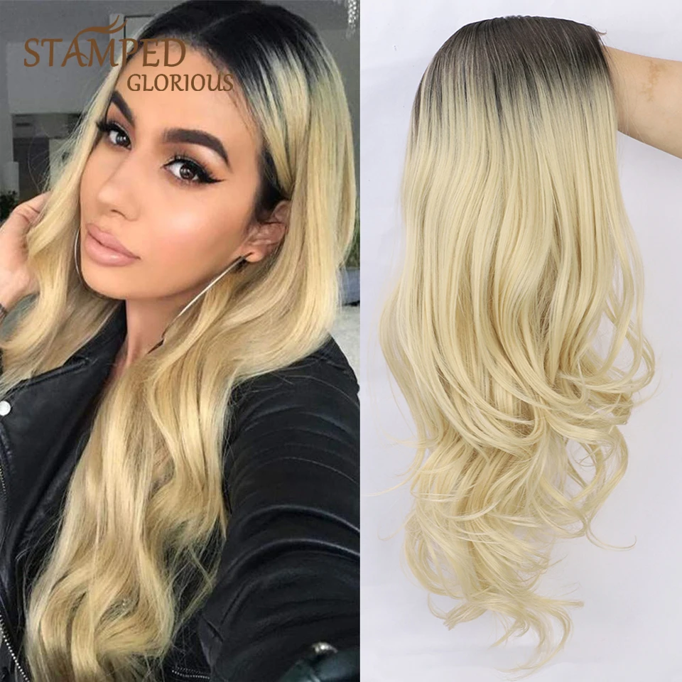 

Stamped Glorious 26inches Natural Wave Middle Part Long Wig Ombre Black Blonde Heat Resistant Synthetic Wigs for Black Women