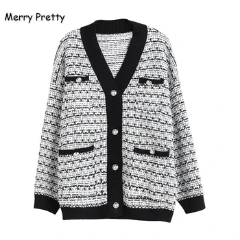 

MERRY PRETTY Women's Knitted Sweaters Winter Long Sleeve V-Neck Pockets Cardigans Femme Single-Breasted Outwear Sweater