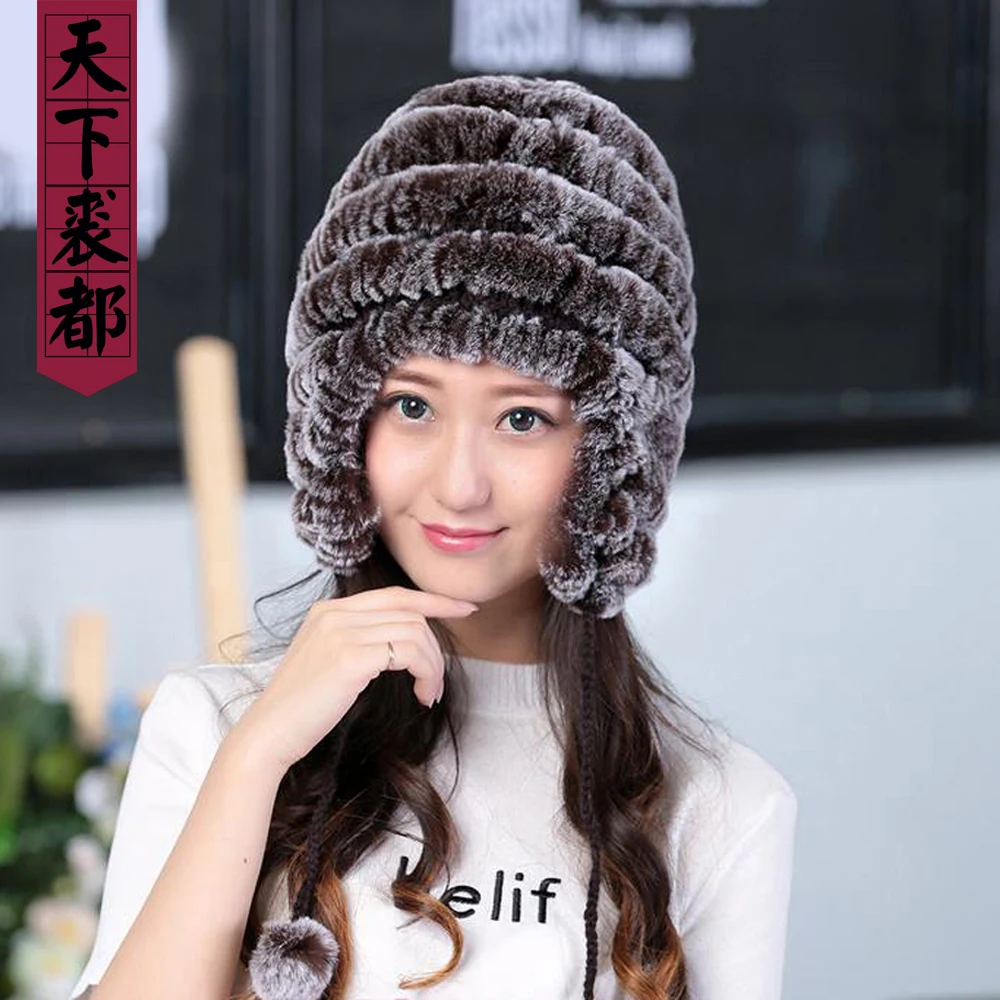 Lady Real Fur Earflap Hats Women Natural Rex Rabbit Fur Beanies Cap Russian Winter Warm Genuine Fur Hat Wholesale