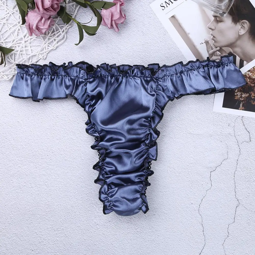 Sexy Men Satin Bikini Briefs Thong Underwear Soft Shiny Ruffled Frilly Sissy Panties High Cut Open Butt Thongs Erotic Lingerie