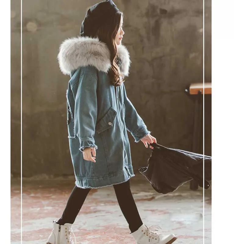 Fashion Girl Denim Jacket Autumn Winter Clothing Add Wool Upset Children Medium-Length Letter Plush Cowboy Jackets Girls Clothes