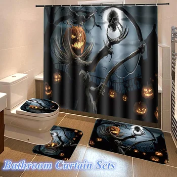 

1/3/4PCS New Fashion Halloween pumpkin Shower Curtain Bathroom Waterproof Pedestal Rug Lid Toilet Cover Bath Mat