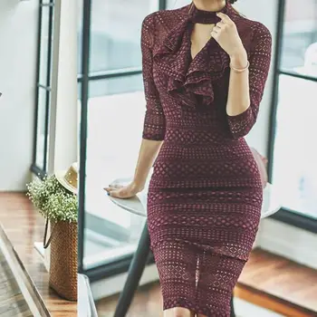 

Fall Winter Women Hollow Out Midi Dress Office 3/4 Sleeve V Neck Bodycon Dress Solid Elegant Ruffles Party Dress Vestidos