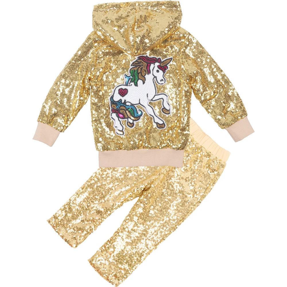 Baby Boys Girls Sequin Unicorn Jacket Hooded Suits with Pants Autumn Winter New Fashion Christmas Clothes for Toddler - Цвет: DK Gold