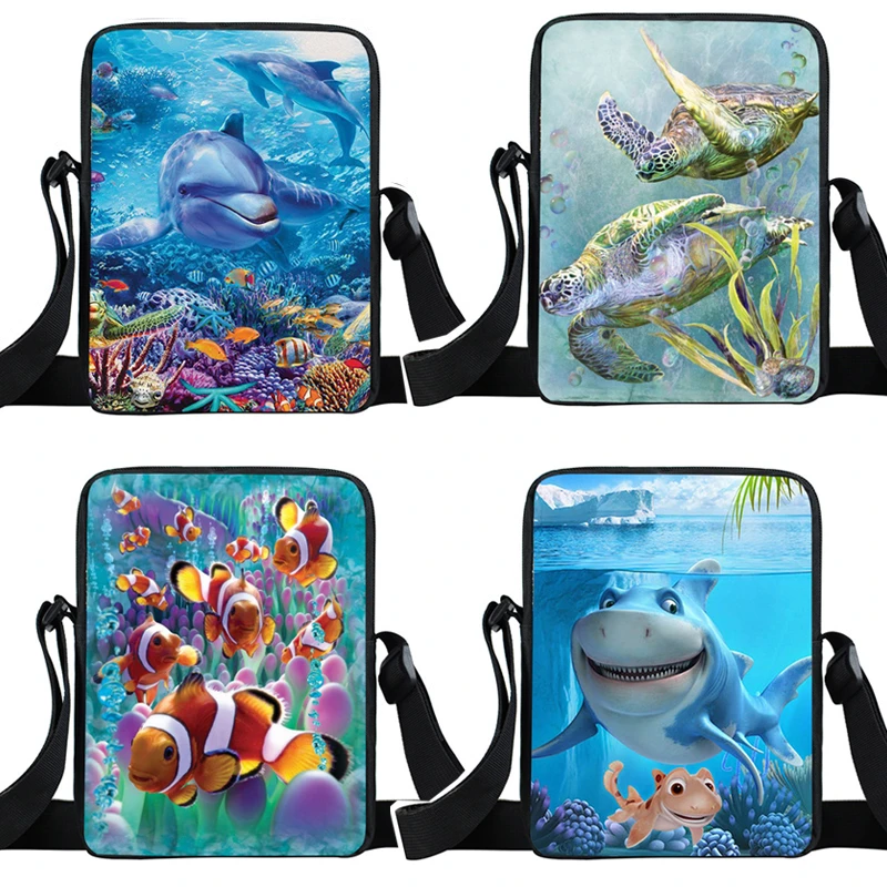 Messenger Bag Travel Aquarium Kids Crossbody Daypack Blue Fish Dolphin Print 