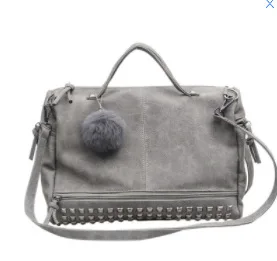 

Vintage PU Leather Women's Bag Rivet Larger Ladies Handbags Hair Ball Shoulder Bag Motorcycle Crossbody Bags For Women Messenger