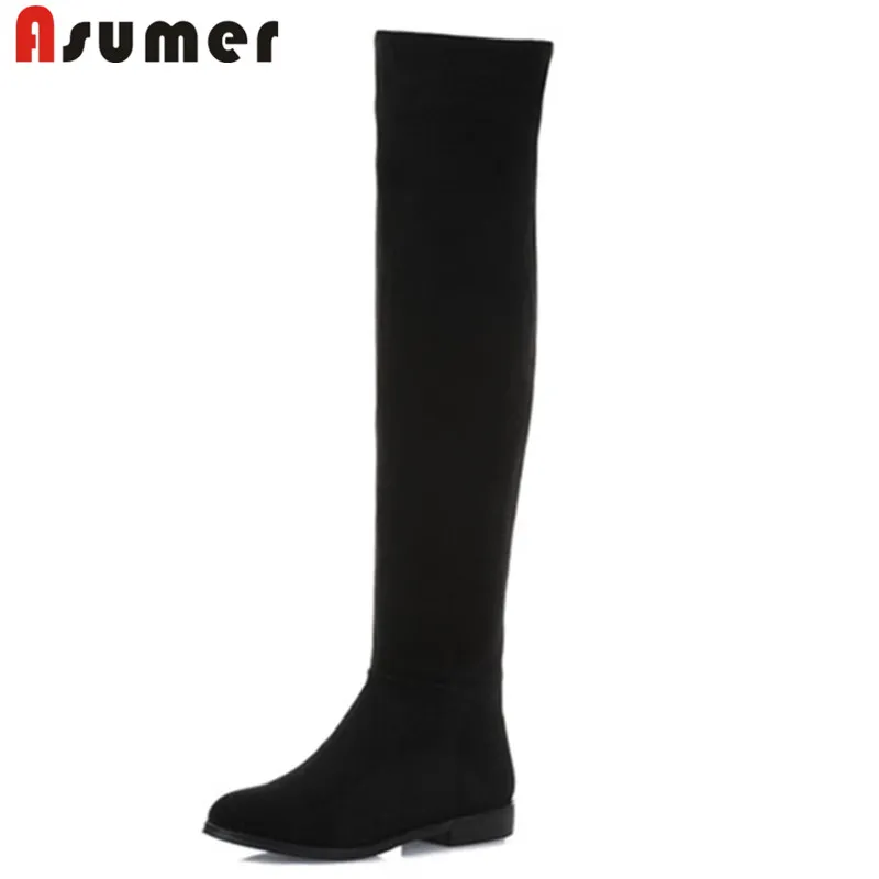 Женские ботфорты на низком каблуке ASUMER однотонные вечерние поги выше колена