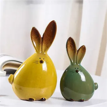 

2pcs/set Ceramic Rabbit Statue Bunny Figurines Sculpture Desktop Ornament Living Room Cabinet Modern Home Decoration Accessories