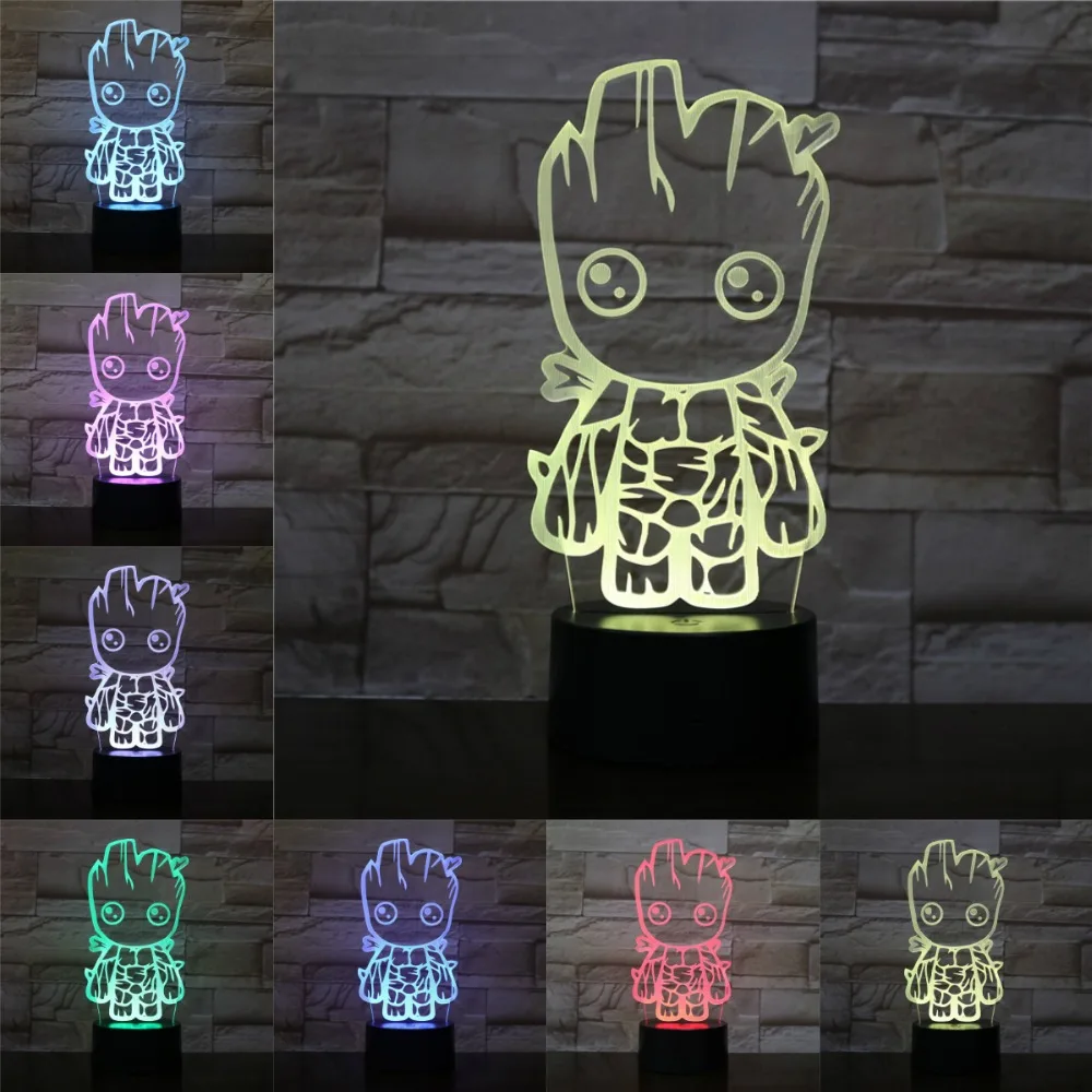 Мультфильм Groot 3D Светодиодная лампа USB лампа 7 цветов ночник для дома спальня настольная Современная креативная лампа акриловая пластина сенсорная дистанционная база