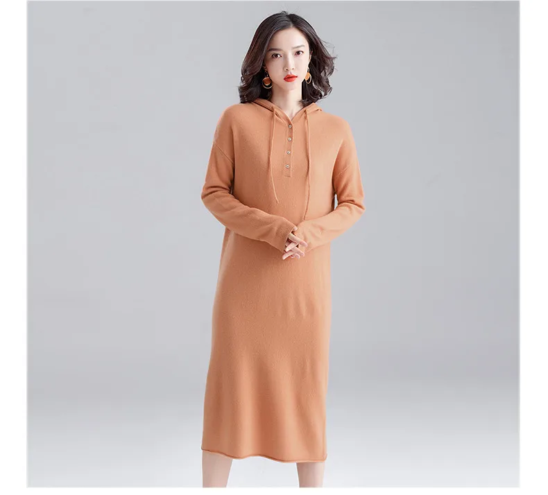 XJXKS wool knitted dress women pullover autumn winter new fashion hooded loose plus size casual women long sweater