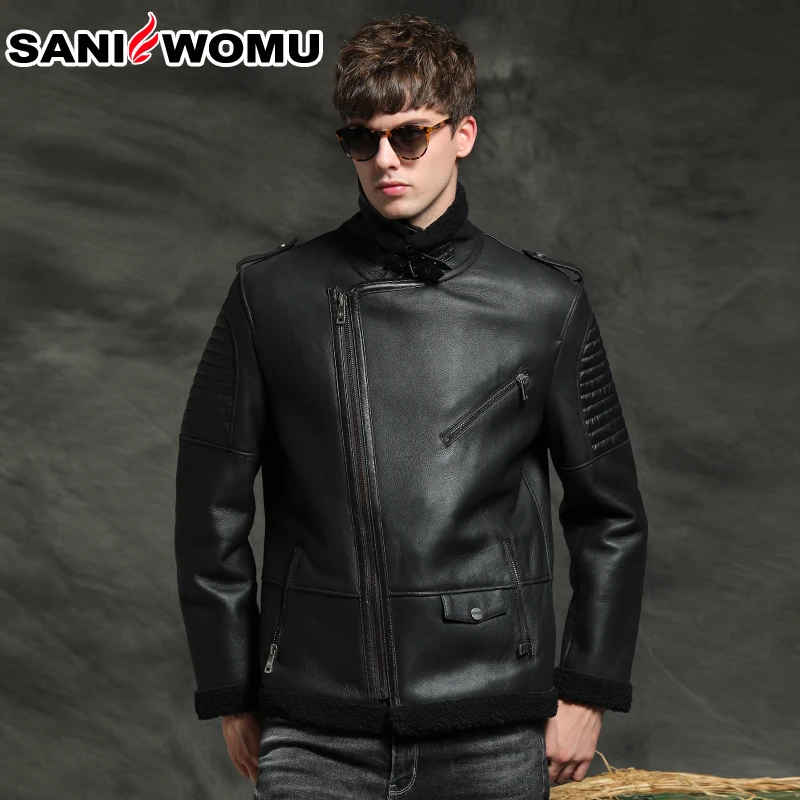 Высококачественная Мужская зимняя мотоциклетная куртка из овечьей шерсти, толстая овечья шерсть, пальто из натурального меха, мужская верхняя одежда для мотоциклиста, большие размеры - Цвет: Black Model 2