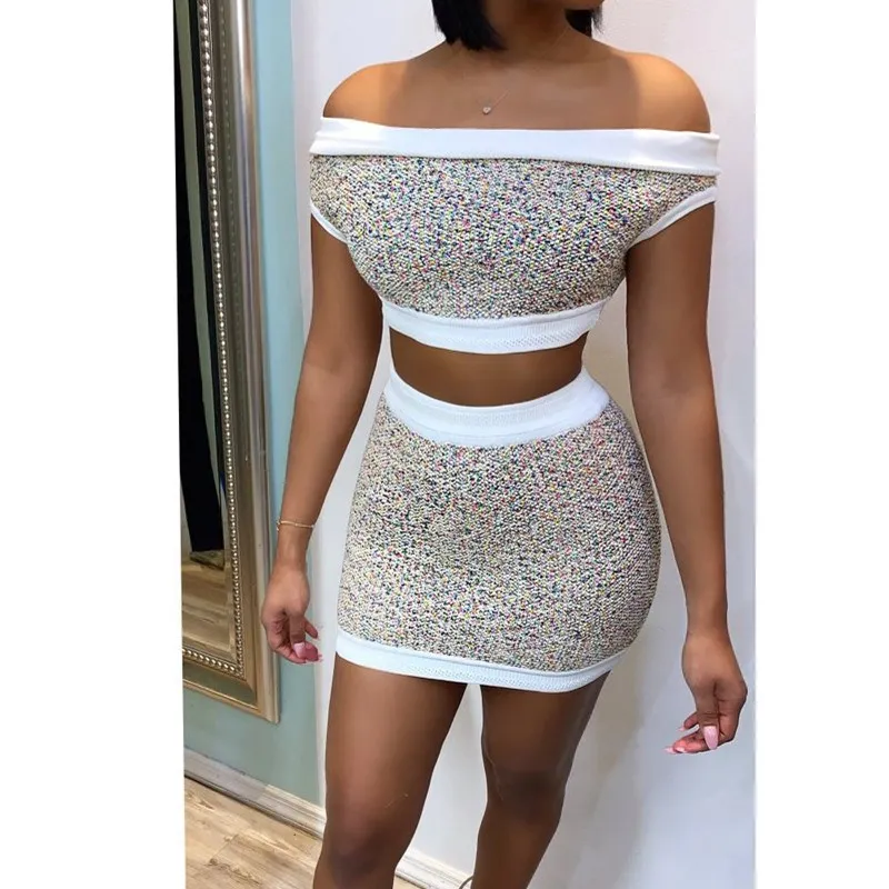 

Nice Women Slash Neck Backless Two Piece Set Summer Crop Top Bodycon Mini Skirts Sexy Tracksuit Clothes 2 Piece Outfits