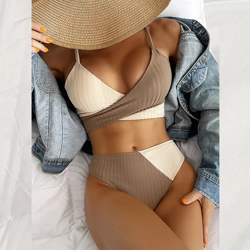 bikini set for beach 2022 Sexy High Waist Women's Swimsuit Ribbed Cross Wrap Patchwork Swimwear Fashion Halter Push Up Beachwear Biquini Bathing Suit two piece bikini set