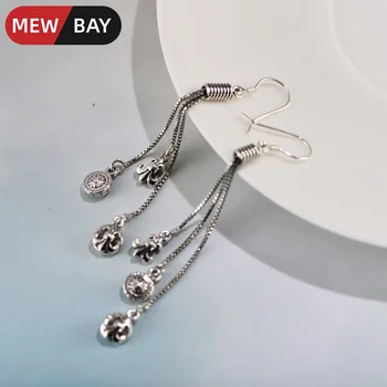 

S925 Pure Sterling Silver Jewelry the Crusaders Flowers Long Three Tassels Eardrops Retro Women Earrings Vintage Fashion Gift