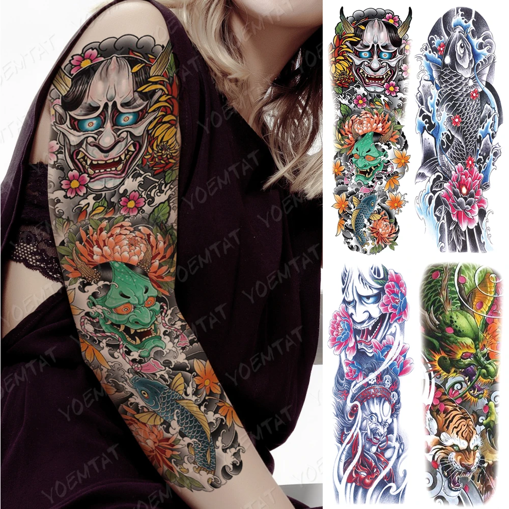 Large Arm Sleeve Tattoo Japanese Prajna Carp Dragon Waterproof Temporary Tatto Sticker God Body Art Full Fake Tatoo Women Men Temporary Tattoos Aliexpress