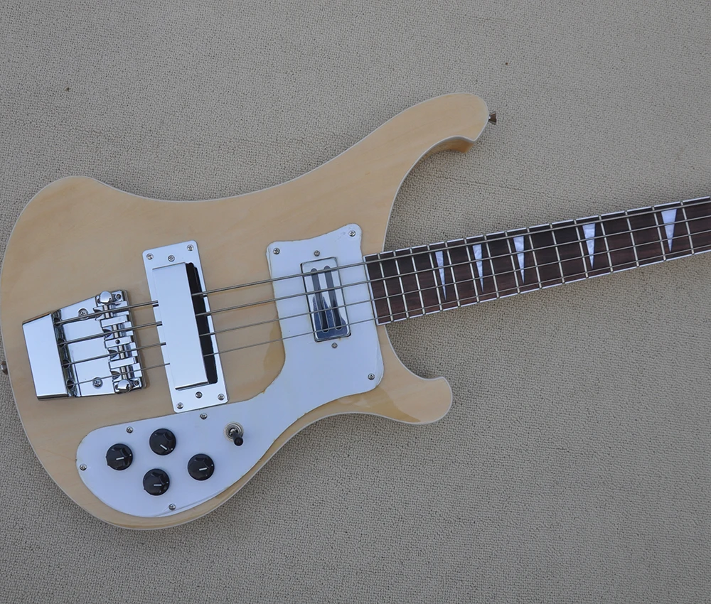4 Strings Natural Wood Color Electric Bass Guitar with White Pickguard,Rosewood Fretboard