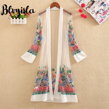 

Embroidered Floral Cardigan Cover-Up Sexy Mesh Sheer Shawl Beachwear Sexy Summer Mid-length Swimwear Cover Up Free Size