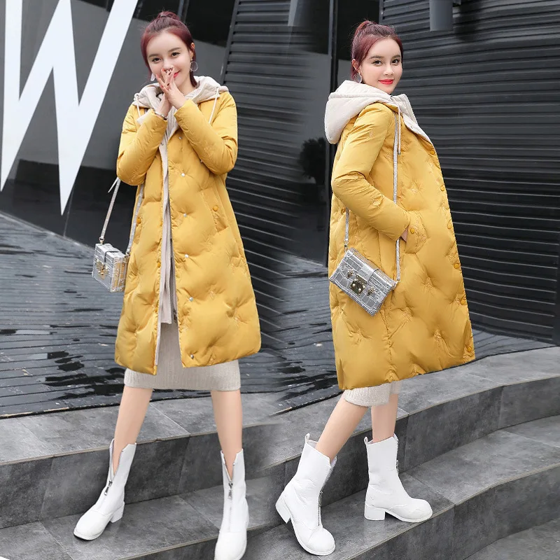 Winter CHIC Mid-length Cotton-padded Clothes Women's Slim Fit Slimming Mock Two-Piece Versatile Youth Students Cotton Coat