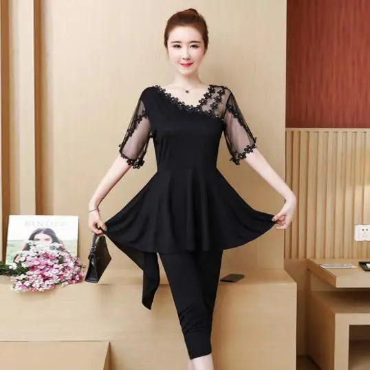 2020 Summer Black Two Piece Sets Women Plus Size Short Sleeve V-neck Tops And Cropped Pants Elegant Women's AE295 |