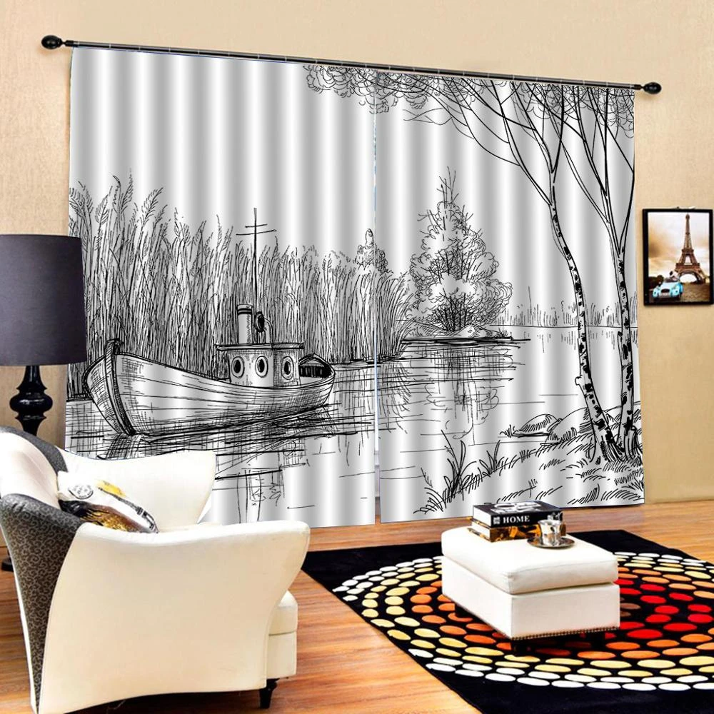 cortinas grises de dibujo para sala de estar decoracion de dormitorio 2 paneles ganchos ventana