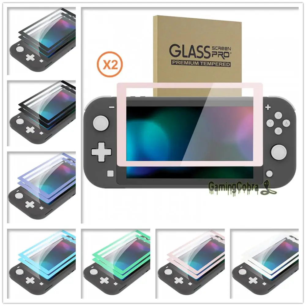 eXtremeRate 2 Pack Colourful Border Transparent HD Clear Saver Film Tempered Glass Screen Protector for NS Switch Lite