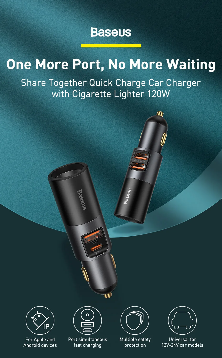 Baseus Car Charger 120W Cigarette Lighter Expansion Port PD3.0 QC4.0 3.0 USB Charger Type C Quick Charger for Samsung Xiaomi best usb c car charger