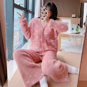 

Upscale Anti-mink Velvet Sleepwear Autumn Winter Keep warm Pajamas Ladies Cardigan Pijamas Mujer Long Sleeve Trousers Homewear
