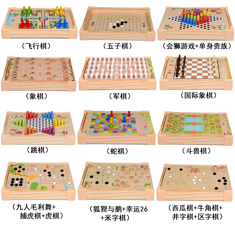 

Children Aeroplane Chess Multi-functional Board Game Five-in-a-row Chess Animal Checker Educational Adult Wooden Toys