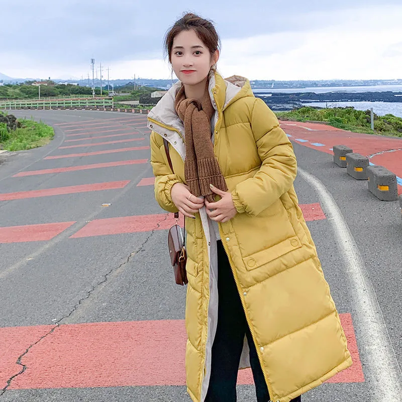 Новая зимняя Корейская длинная хлопковая куртка-пуховик женская Свободная Повседневная теплая хлопковая куртка кремово-белая женская парка с капюшоном F878