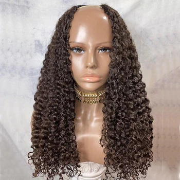 

Brown Kinky Curly Human Hair U part Wigs 180Density Peruvian Remy Hair 1x4 2x4 Size Curly U part Wigs for Women