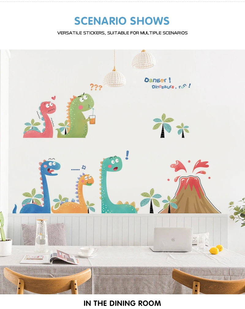Cartoon volcano little dinosaur wall stickers creative kids room decoration cute sticker self-adhesive baby bedroom wall decor