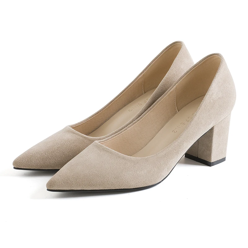 beige6.5cm Женская обувь без шнуровки; сезон лето; квадратный высокий каблук; коллекция года; офисные женские туфли-лодочки из флока с острым носком на каблуке; женские босоножки; свадебные туфли - Цвет: beige6.5cm