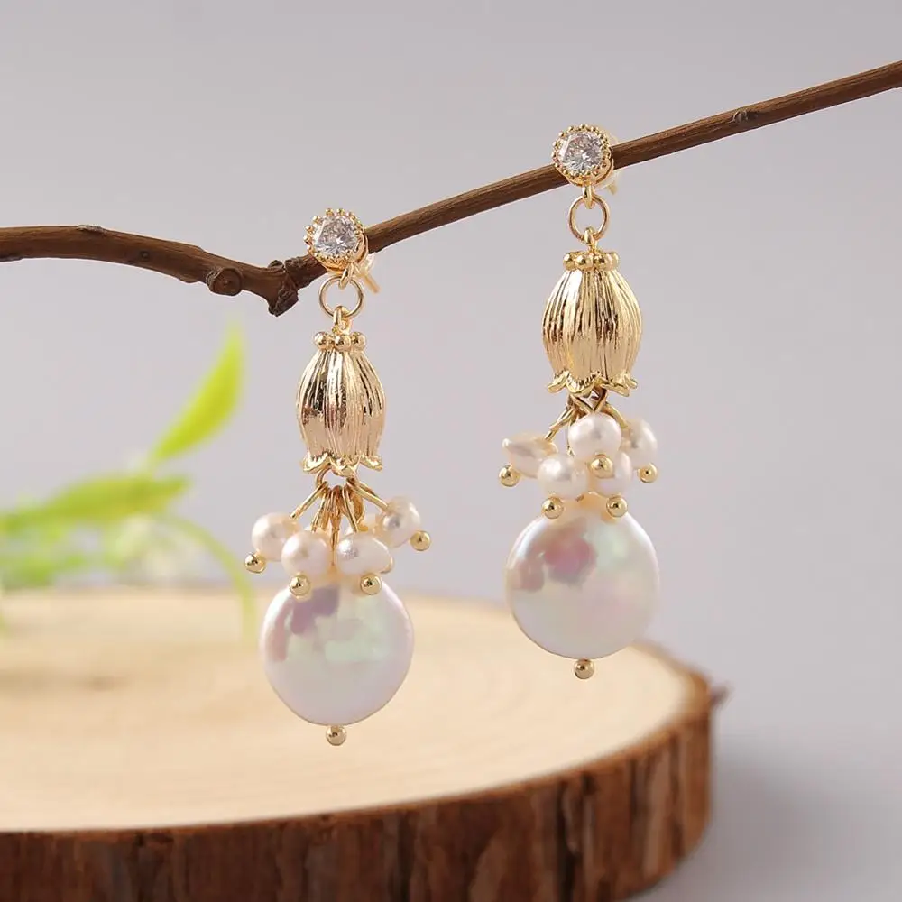 

Handmade Baroque Pearl Drop Earrings Zircon Freshwater Pearl Earrings for Women Charm Pearl Earrings Light luxury Jewelry Gift