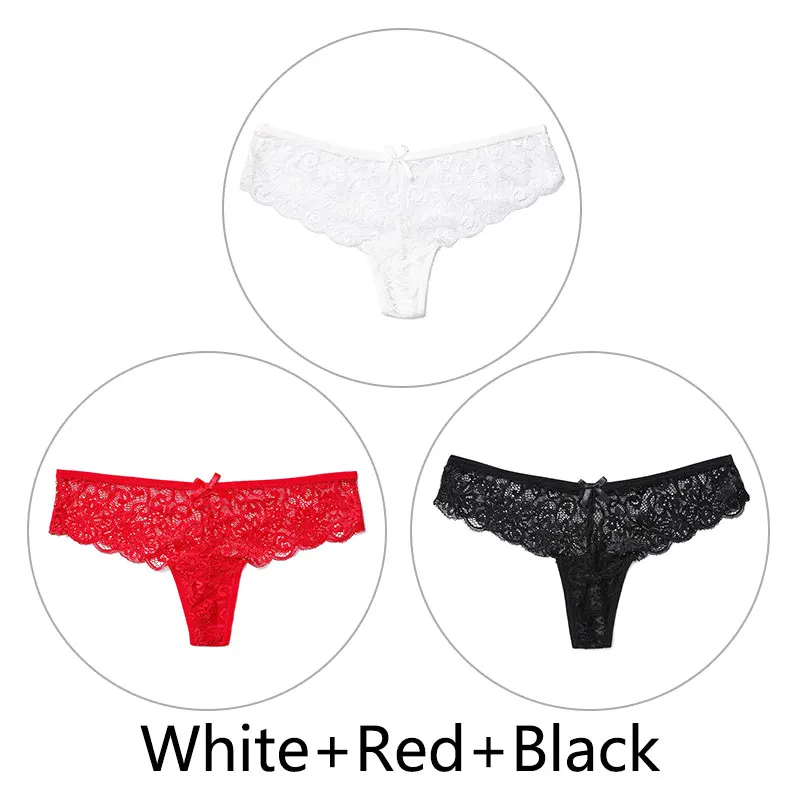 3 шт., сексуальные кружевные трусики женские стринги и стринги, открытая низкая талия, нижнее белье, прозрачные танга, женское нижнее белье, дышащее - Цвет: White Red Black