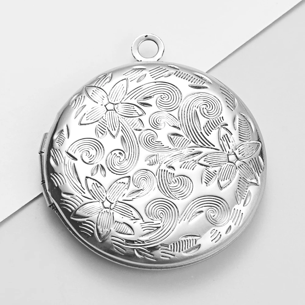 

20Pcs/Lot Stanless Steel 26*31mm Vintage Flower Pattern Photo Frame Locket Charms DIY Opening Round Photo Box Pendant