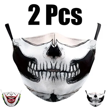 

2Pcs Washable Masks Fashion Adult Big Mouth Print Face Fabric Masks Skull Mouth Cover Reusable Protection Proof Bacteria Mask