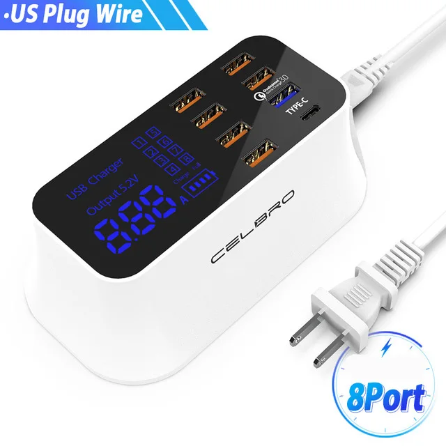 Мульти Порты и разъёмы USB Зарядное устройство концентратор Quick Charge 3,0 8 Порты и разъёмы Настольный несколько USB Зарядное устройство станция светодиодный Дисплей Быстрая зарядка EU US UK вилкой - Тип штекера: US Plug