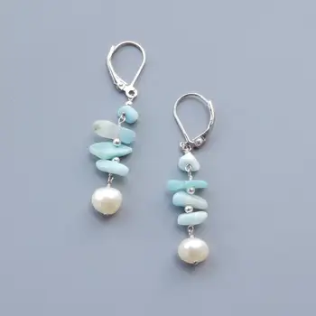 

LiiJi Light Blue Larimar Freshwater Pearl Earrings 925 Sterling Silver Handmade Drop Earrings Elegant Jewelry Drop Shipping