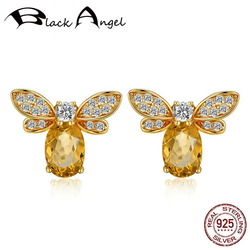 

BLACK ANGEL 925 Silver Luxury Citrine Gemstone CZ Cute Insect Bee Stud Earrings 2020 New For Women Jewelry Wholesale