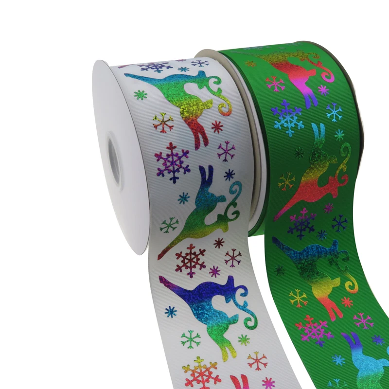 

BOCA 100 yards 3 inch 75mm Christmas deer hologram printed grosgrain ribbon for hair bows DIY hand made Crafts Decoration