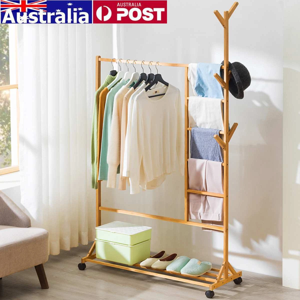 Perchero de madera de pie para ropa, estante de almacenamiento colgante para  dormitorio, muebles, armario de ropa + rueda| | - AliExpress