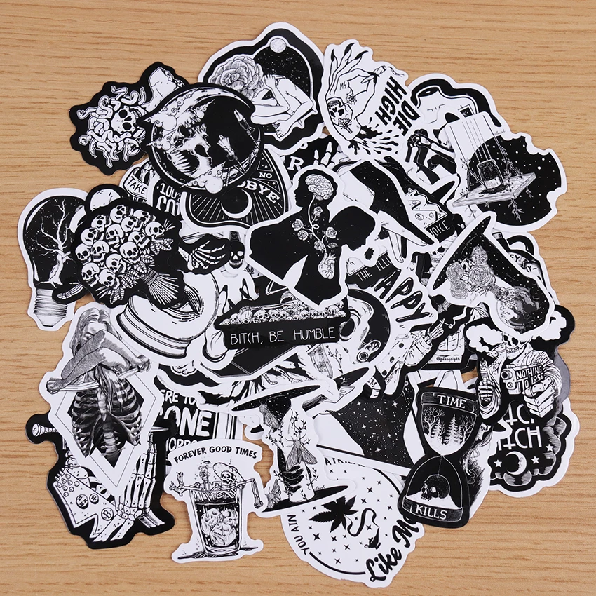 50PCS Black White Gothic Style Horror Skeleton Graffiti Stickers DIY Laptop Luggage Guitar Skateboard Car Decal Kids Toy 50PCS Black White Gothic Style Horror Skeleton Graffiti Stickers DIY Laptop Luggage Guitar Skateboard Car Decal Kids Toy