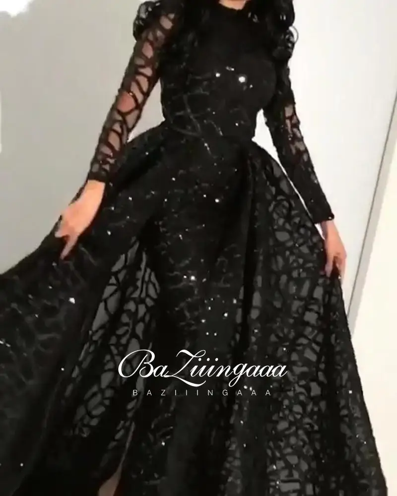 BAZIIINGAAA Autumn/Winter Long Evening Dress Lace Sleeve Sequins Design Black Detachable Tail Ever Pretty Dress 
