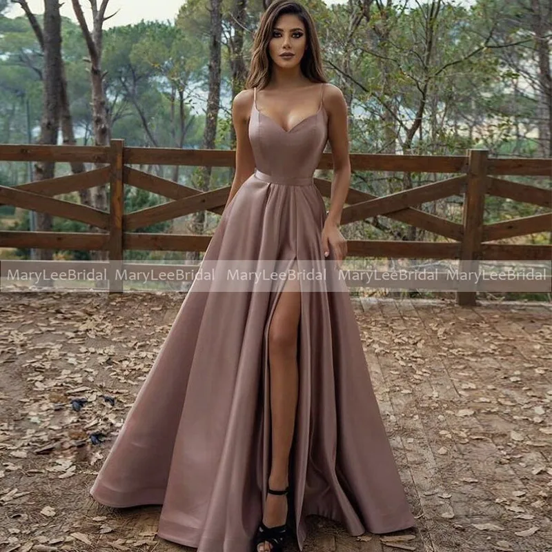 

Dusty Pink Satin Bridesmaid Dresses Spaghetti Strap Side Split Long Robe De Soiree De Mariage Maid Of Honor Wedding Guest Dres