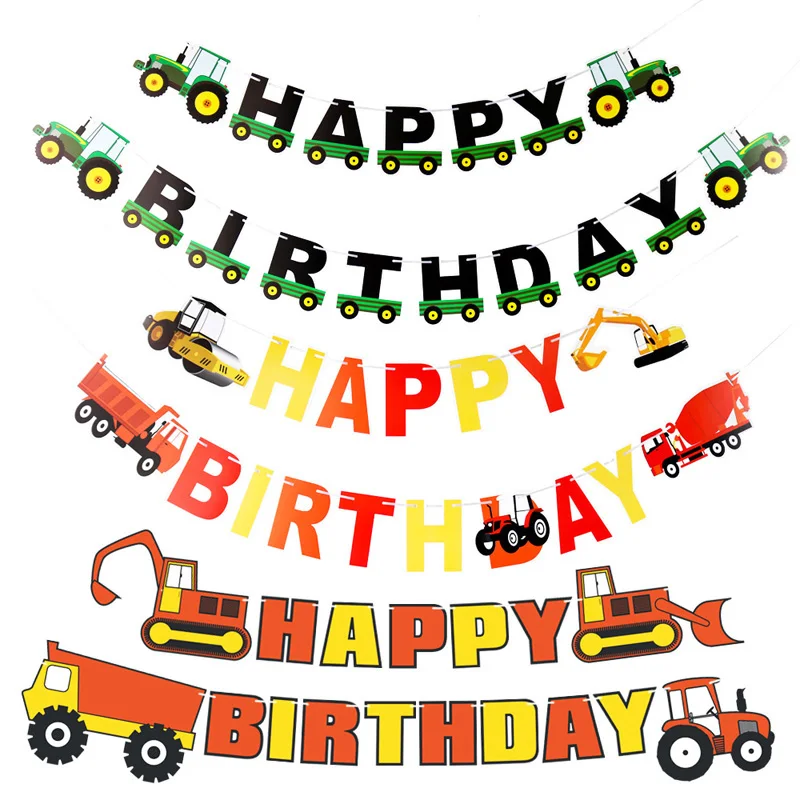 

Cartoon Car Engineering Construction Vehicles Excavator Banner long Pull Flag Bunting Kids Boys Birthday Party Favors Decoration