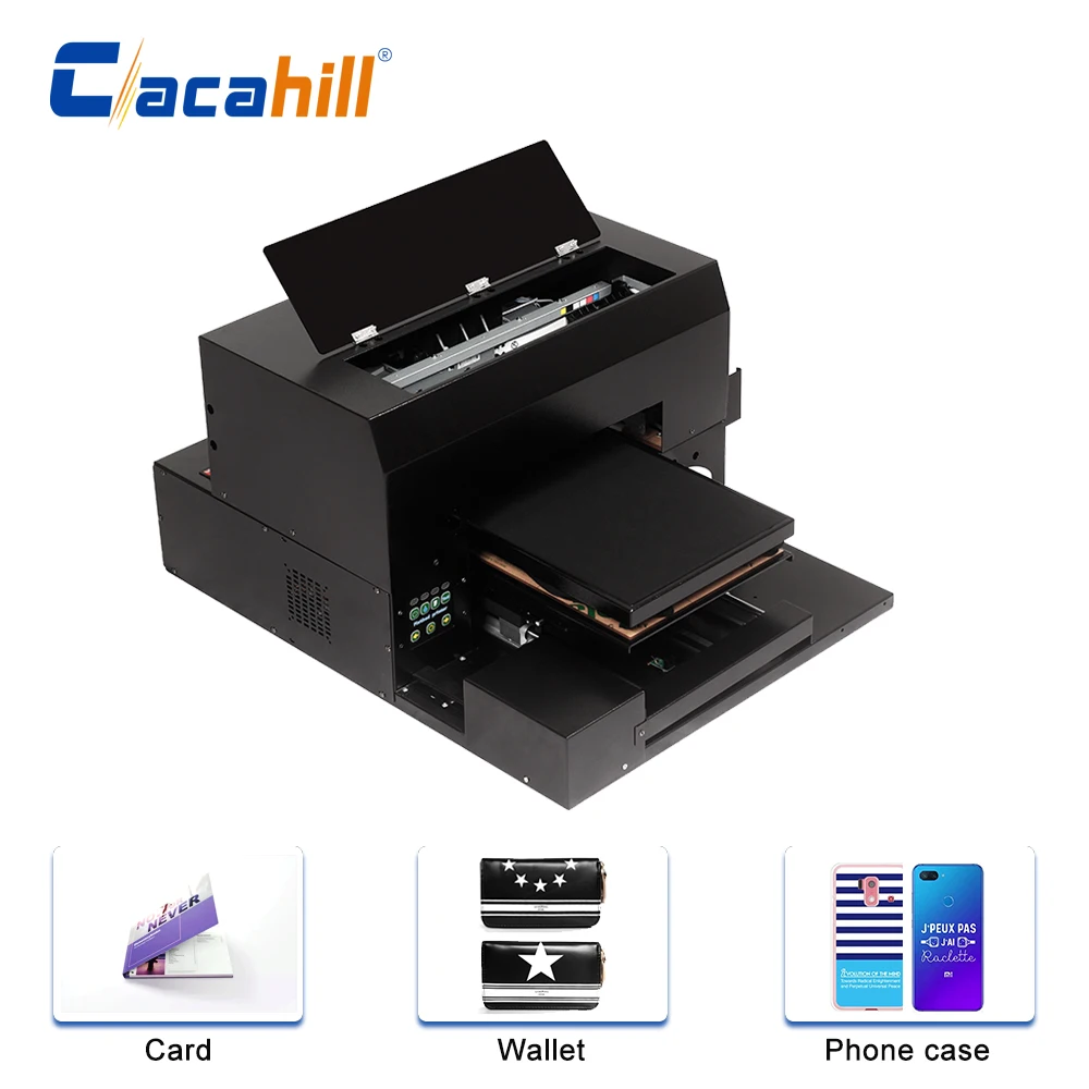 

UV flatbed inkjet printer, LED ultraviolet cooling system 6-color split ink cartridge for card/wallet/mobile phone case printing