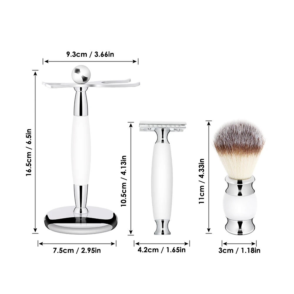 

Zinc Alloy Shaving Razor Brush Holder Stand 3-In-1 White Handle Shaving Tool Kit Professional Men's Shaving Tool Kit