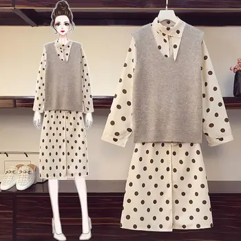

2020 New Style Early Autumn Korean-style Versatile Sleeveless Knitted Vest + Polka Dot High-waisted Long Sleeve Lace-up Suit Dre
