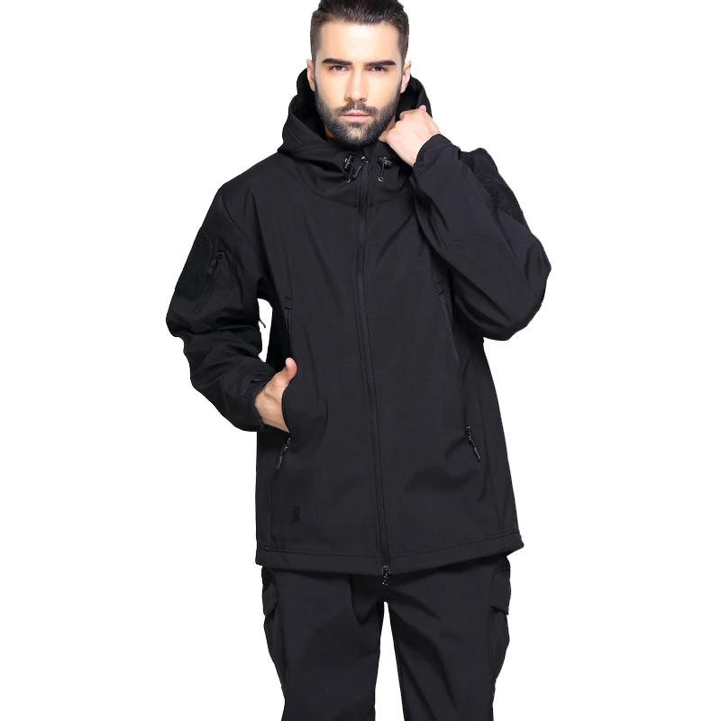 Black Men's Tactical Hooded Jacket Pants Softshell Fleece Military