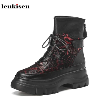 

Lenkisen fashion print genuine leather lace up snake round toe buckle straps thick bottom winter women keep warm ankle boots L09